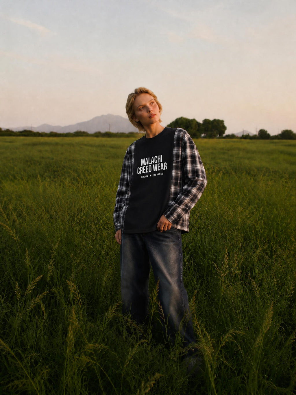 Unisex Plaid Panel Long Sleeve T-Shirt
