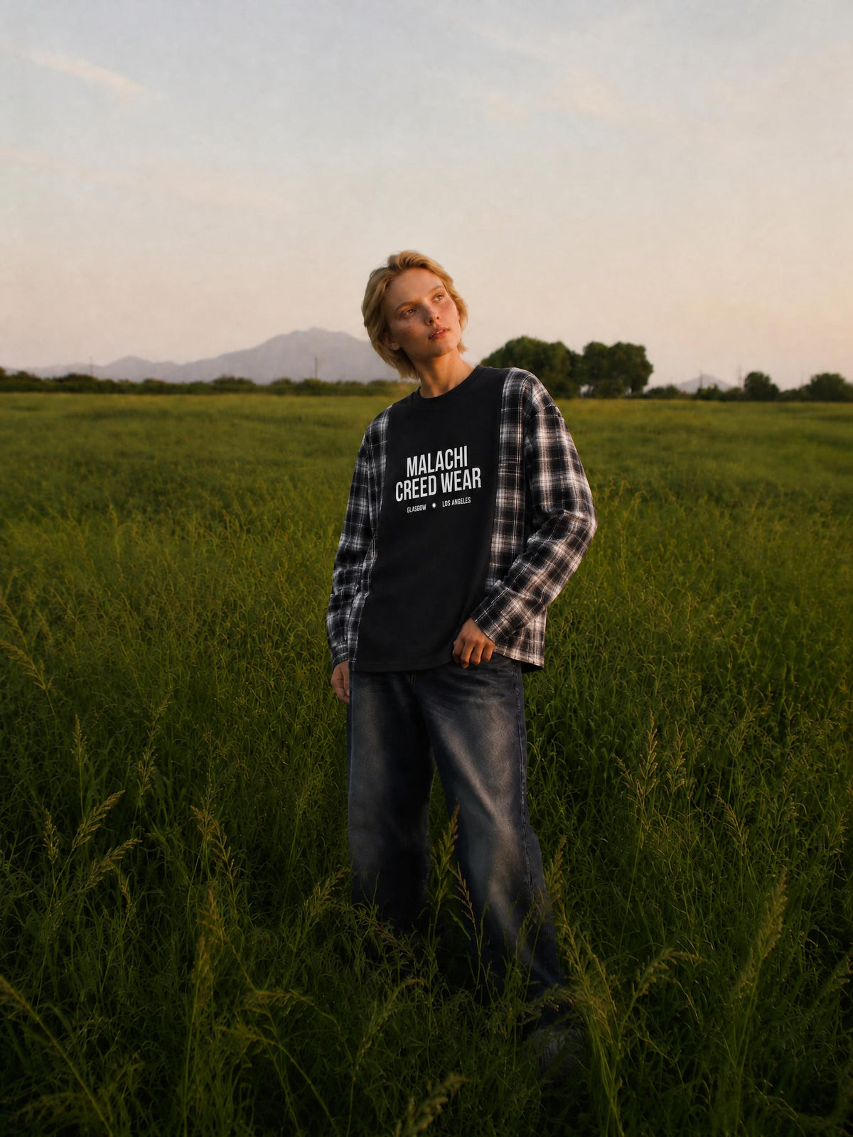 Unisex Plaid Panel Long Sleeve T-Shirt