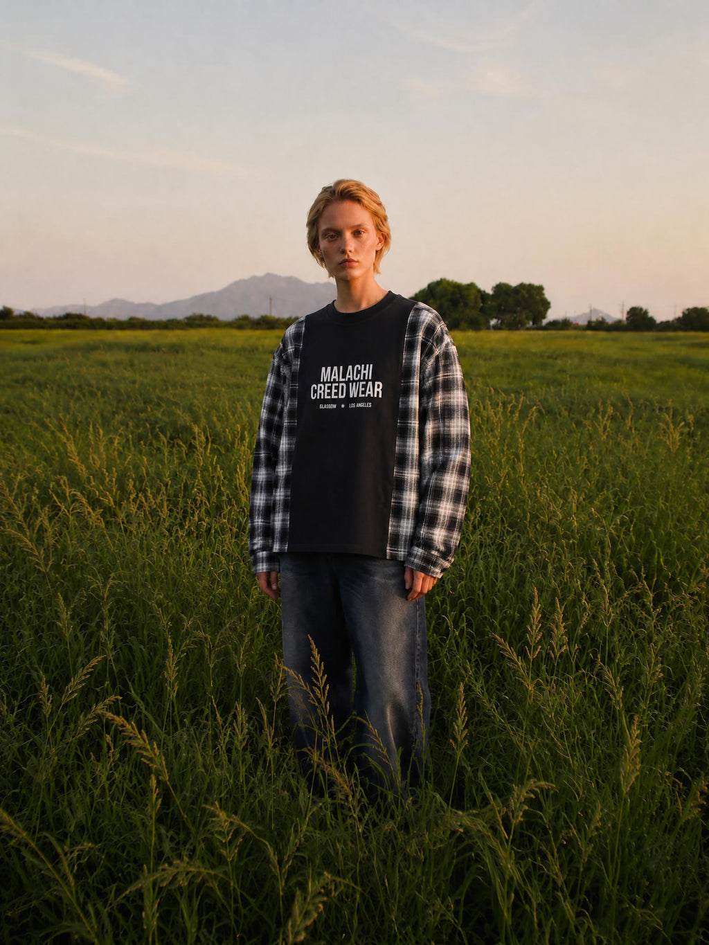 Unisex Plaid Panel Long Sleeve T-Shirt