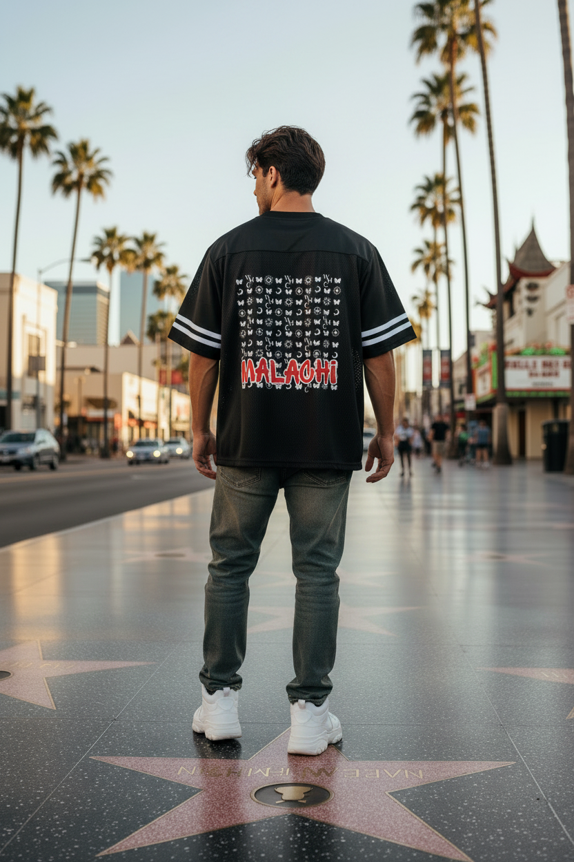 Malachi Creed Black Taped Mesh Tee - Back Print Male Mockup Hollywood Walk of Fame