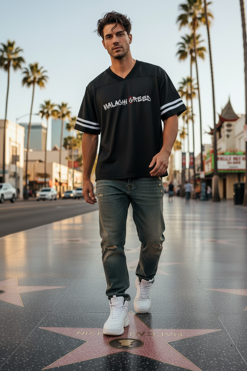 Malachi Creed Black Taped Mesh Tee - Oversized Male Mockup Hollywood Walk of Fame