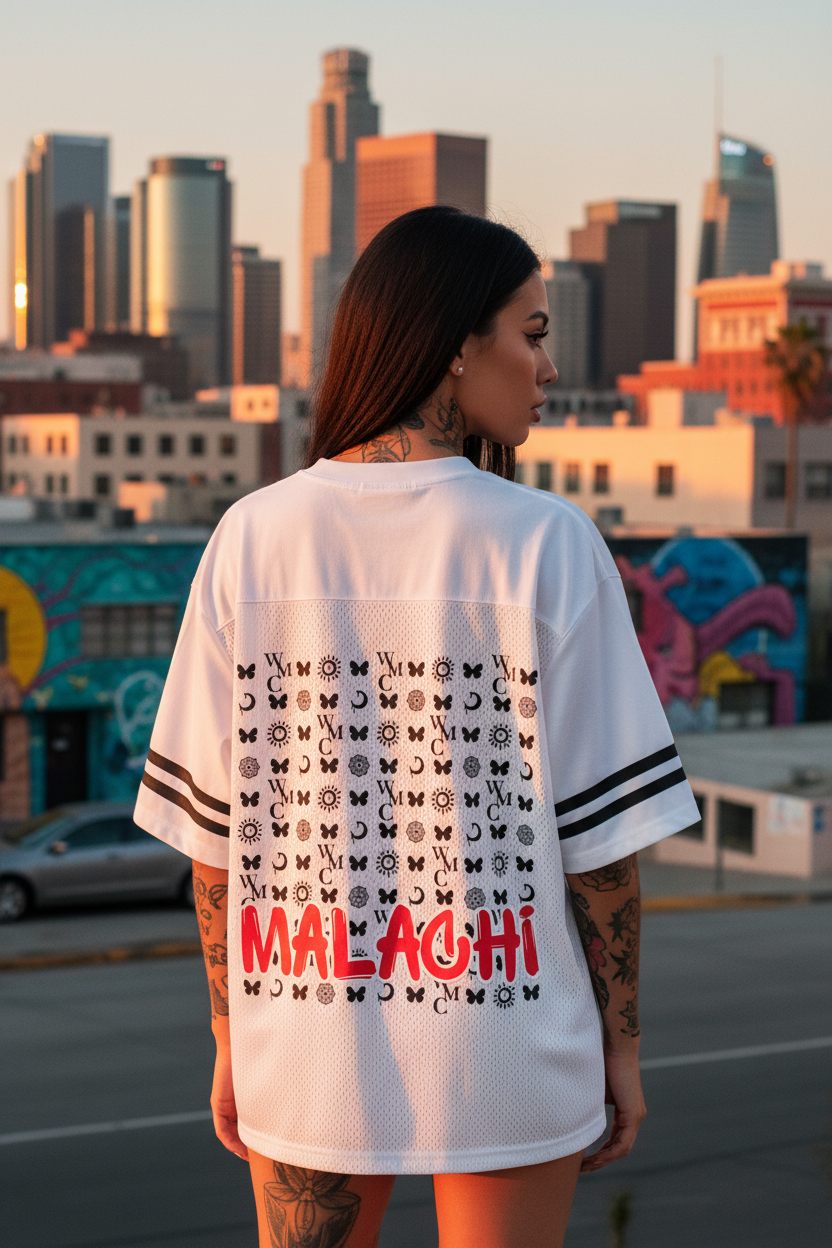 Malachi Creed Taped Mesh Tee - Back Print Female Mockup Downtown LA