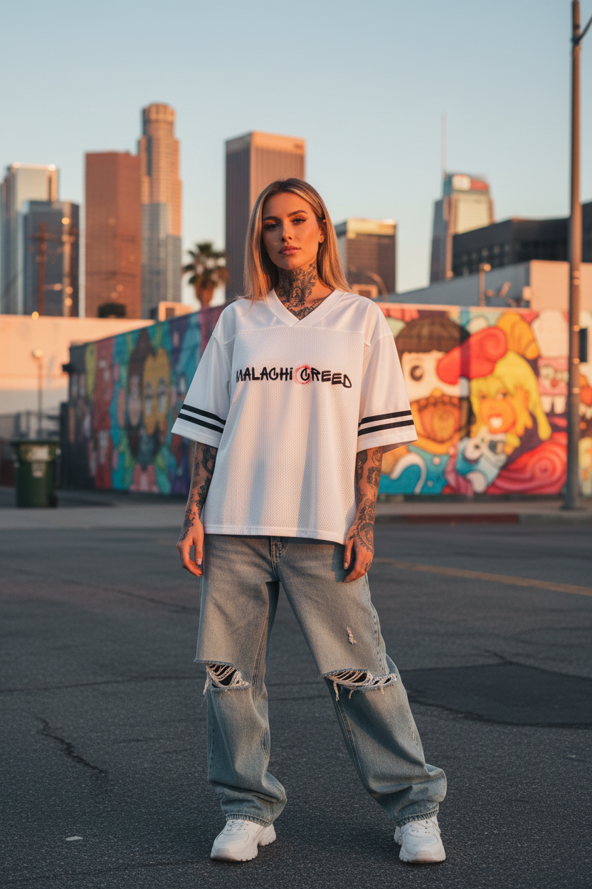 Malachi Creed Taped Mesh Tee - Oversized Female Mockup Downtown LA